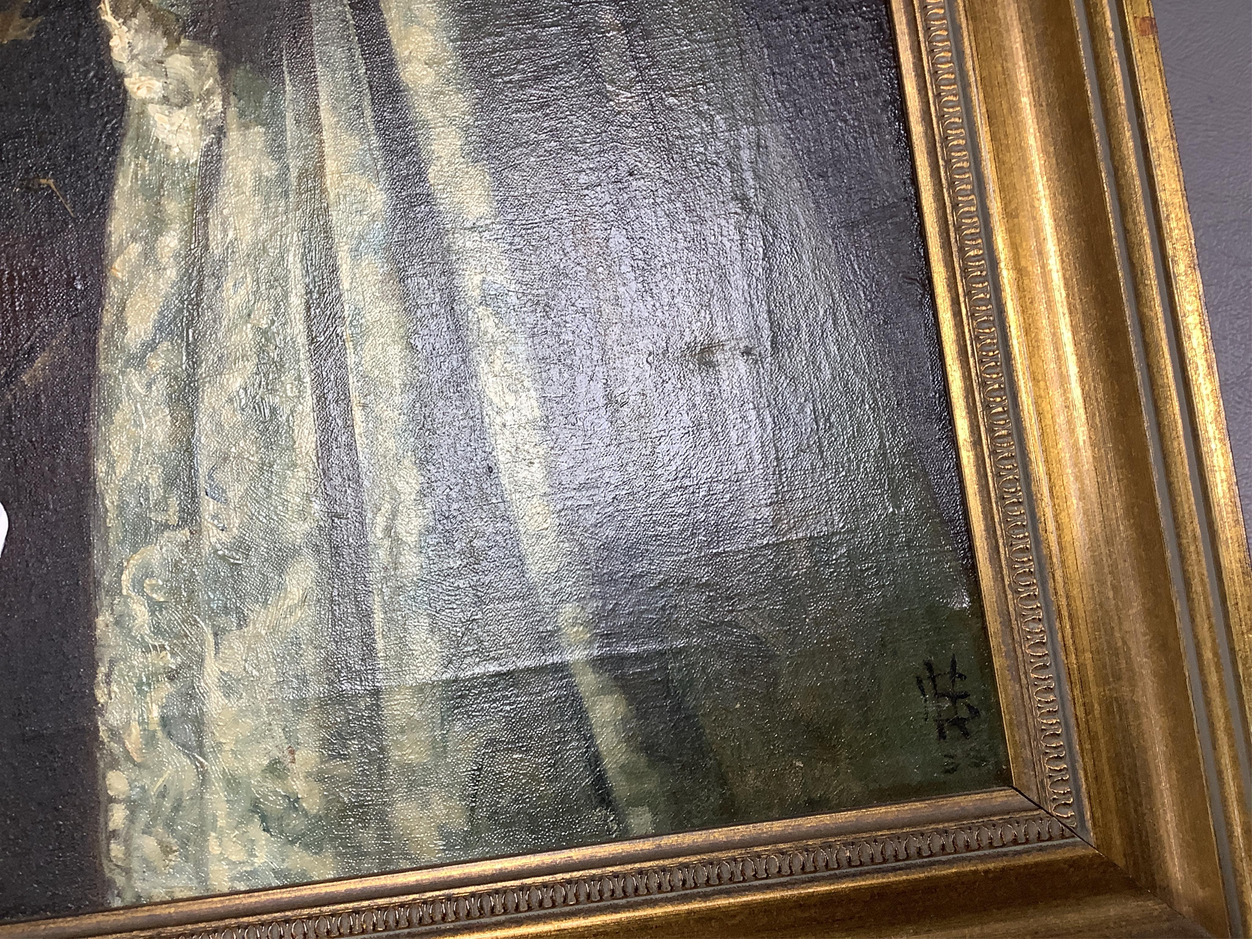 Pre-Raphaelite school, Three quarter length portrait of a lady reading, monogrammed lower right, FHL?, oil on canvas, 41 x 21cm